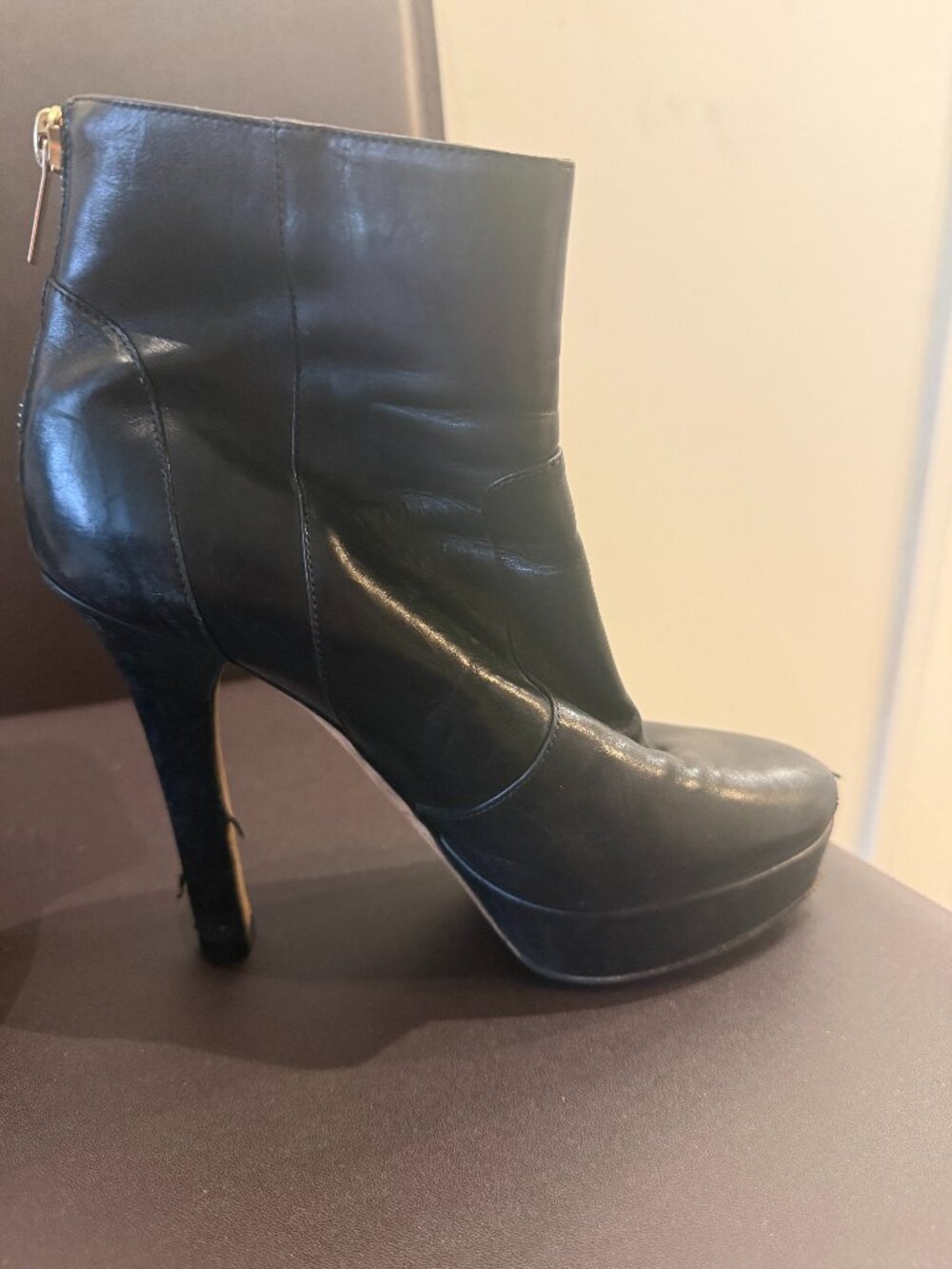 Jimmy Choo Black Leather Platform Ankle Boots with Gold Zip, Size 37